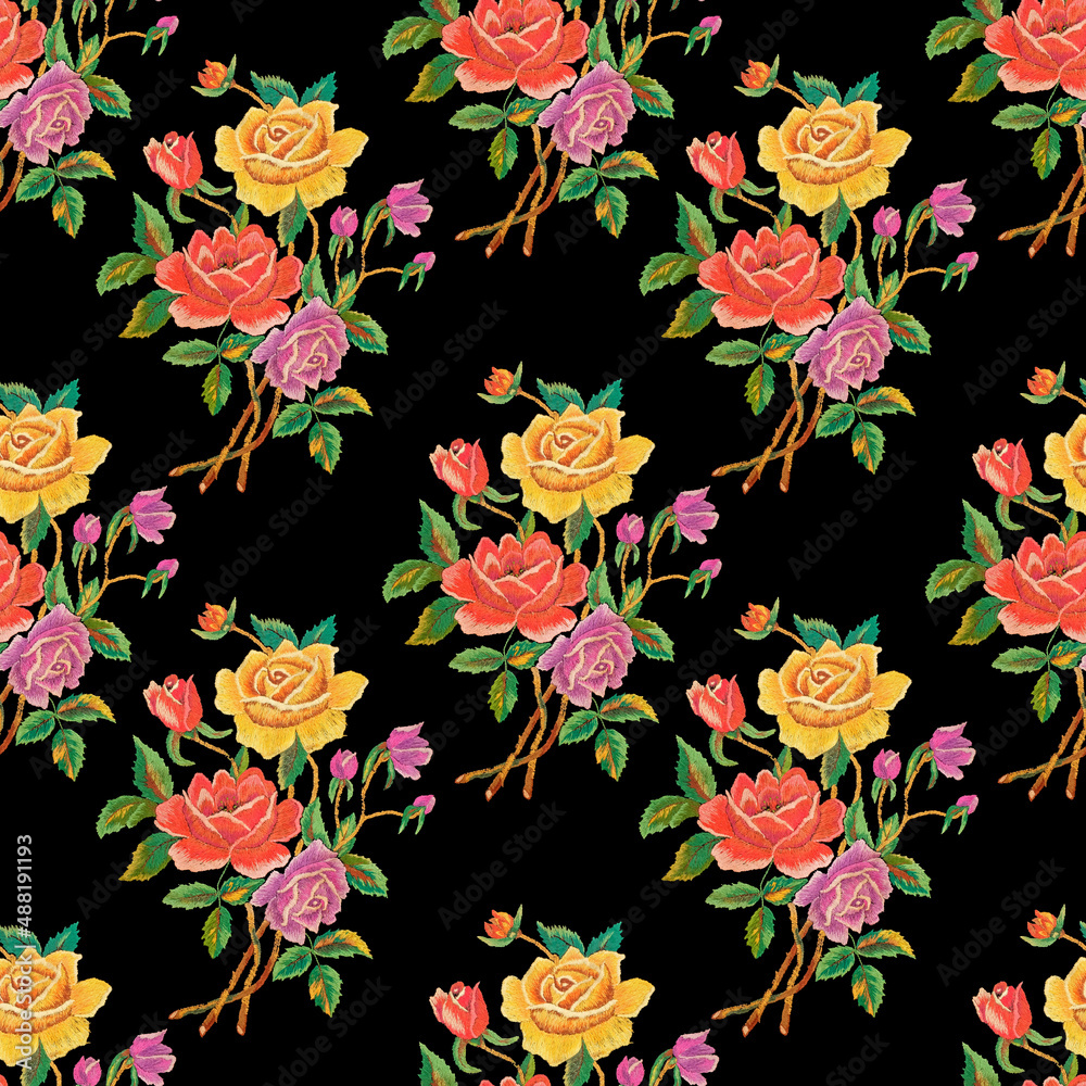 Poster seamless pattern bouquet of roses isolated on a black background