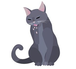 Sitting playful cartoon cat cleaning itself