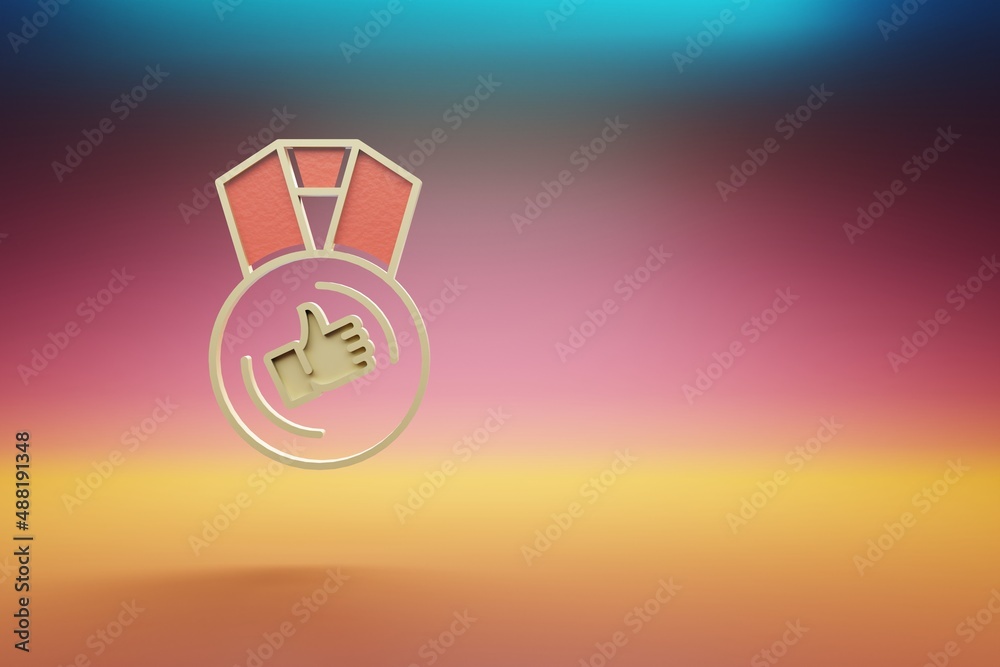 Aufkleber beautiful golden medal thumbs up symbol on multicolor bright background. 3d rendering illustration. 