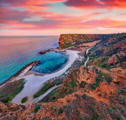 Astonishing autumn seascape of Black sea. Spectacular sunrise on Bolata beach.in Bulgaria, Europe....