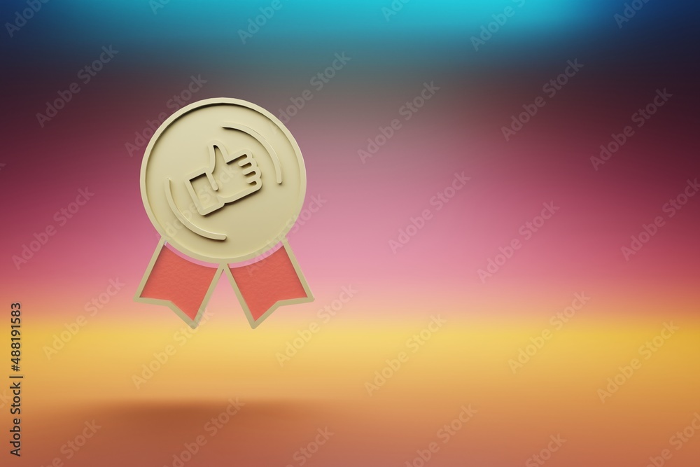 Aufkleber beautiful golden thumbs up badge symbol on multicolor bright background. 3d rendering illustration. 