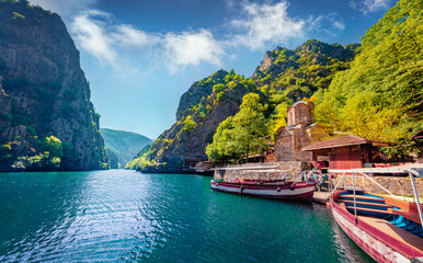 Majestic spring view of popular tourist destination - Matka Canyon. Spectacular morning scene of North Macedonia, Europe. Traveling concept background. - obrazy, fototapety, plakaty