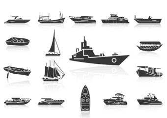 solid icons set, transportation, Boat and shadow, vector illustrations
