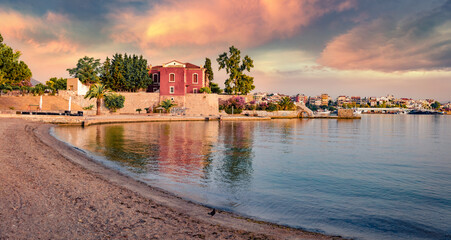 Perfect summer scene of Chalcis town, Greece. Incredible morning seascape of Aegean sea, North...