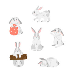 Happy Easter bunny set. Bundle of funny cute Easter rabbits or hares, forest animals. Flat cartoon colorful vector illustration for greeting card,  posters, print.