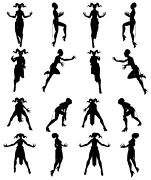 360 rotation of female devil silhouette flying and hovering poses