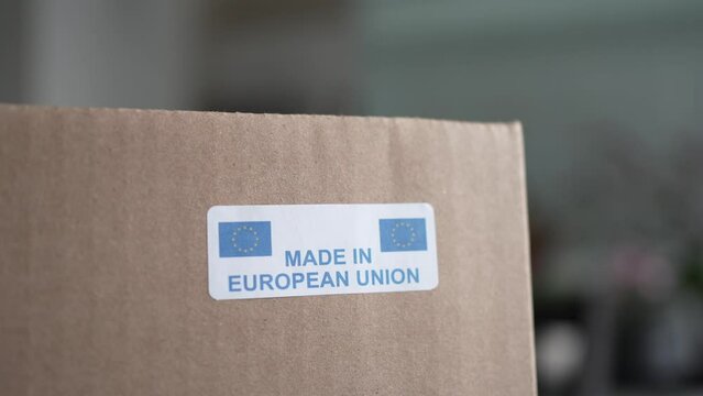 Made in European Union UE Sticker on a Shipping Box