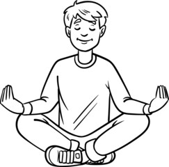 young man meditates cross-legged. Comic outline vector monochrome.