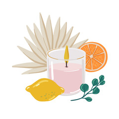 Pink wax candle in glass jar. Vector candle illustration. 