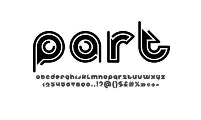 Digital black font, rounded modern alphabet, trendy letters from A to Z and numbers from 0 to 9, made with a shift of parts or pieces
