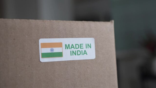 Made in India Sticker on a Cardboard Box With Products