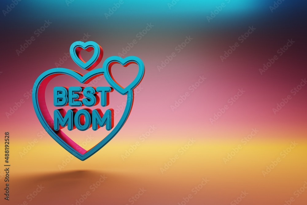 Poster beautiful heart with words best mom symbol icons on multicolor bright background. 3d rendering illus