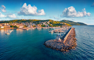 Splendid morning view from flying drone of Agropoli port. Beautiful summer seascape of...