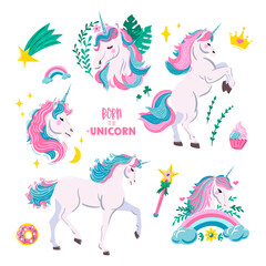 Unicorn set. Vector unicorn illustrations. Prancing unicorn, rainbows, plants and leaves isolated. 