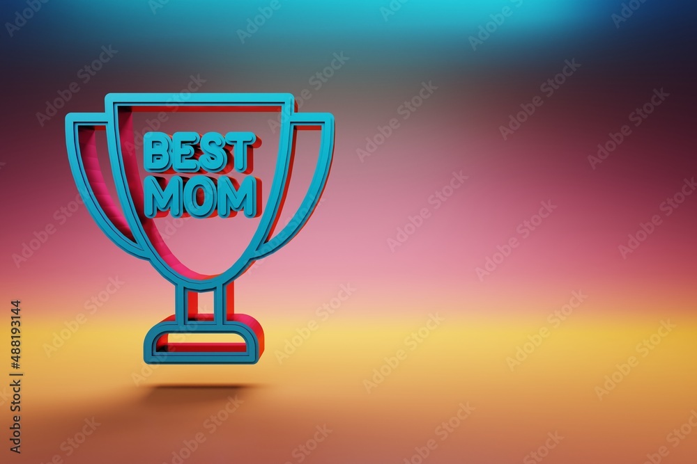 Poster beautiful cup with words best mom and heart icons on multicolor bright background. 3d rendering illu