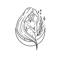 Beautiful woman illustration. Vector illustration, moon goddess, aesthetic vector line art. 