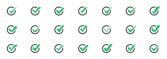 Set of check mark icons in a circle. Check marks or ticks. Green confirm symbol. Check list icon. Vector illustration - obrazy, fototapety, plakaty