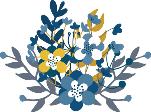 Floral illustration with nature elements, blue and yellow flowers and leaves