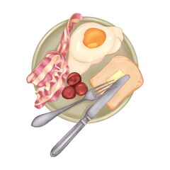 Eggs and bacon and bread on a plate on white background. English breakfast hand draw omelette illustration 