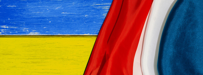  flag of of Ukraine and Kremlin  Russia, relationships war conflict between the countries...