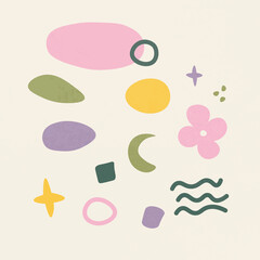 Set of hand drawn various shaped objects. Abstract retro illustration. Moon, stars, flower, circles, squares. Design for card, logo, posters, invitation, web and print use	
