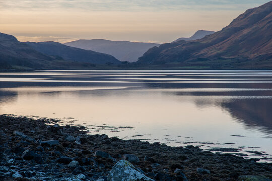 Looking across Loch Spelve on the Isle of Mull, Scotland just after sunset with reflections on the water