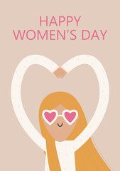 Postcard Happy International Women's Day. Girl with a heart