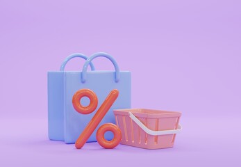Sale concept. Shopping bag and Shopping Basket with percent symbol on blue background. 3D illustration