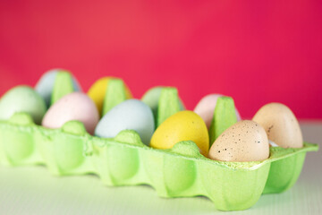 Easter brunch background, eggs on green grass, holiday concept with copy space