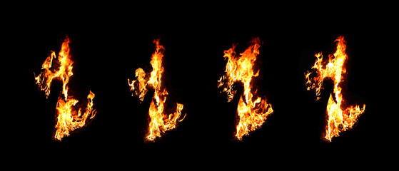 Set of 4 images of flames in the form of dragons and strange waves isolated on a black background, for use with specific backgrounds in designs.