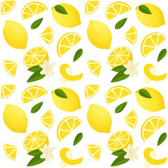 Lemon pattern. Seamless print of exotic tropical citrus fruit, zest and slices. Vector texture