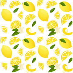 Lemon pattern. Seamless print of exotic tropical citrus fruit, zest and slices. Vector texture