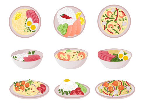 Food in bowl. Asian cartoon noodle, rice and spicy meal, traditional Japanese and Chinese food. Vector set
