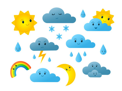 Weather characters. Cute cartoon clouds sun rainbow with funny faces for kids room wallpaper. Vector set