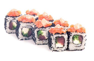 Philadelphia roll sushi with salmon, prawn, avocado, cream cheese. Sushi menu. Japanese food.
