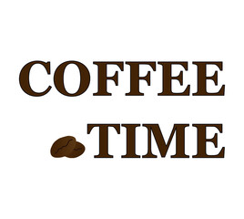 Coffee Time icon vector sign. Illustration logo poster with text and coffee beans on white background.