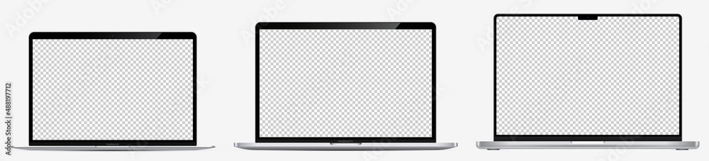 Wall mural device screen mockup. realistic open laptop in three varieties with blank screen for you design. vec
