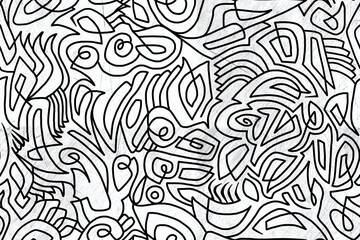 Black and white cartoon pattern on a dirty scratched white background, abstract design, seamless background.