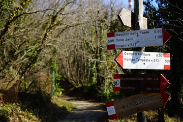 Holy road in Castelli Romani and trekking signals, Rome, Lazio, Italy