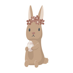Vector cute easter bunny with egg and flower wreath.