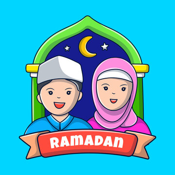 Islamic cartoon couple kids with hand drawn cartoon style