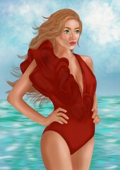 Portrait of a beautiful woman wearing a bikini on the beach.