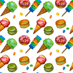 seamless pattern for confectionery. Sweets and cupcakes. Pattern with goodies. Hand drawn watercolor pattern.