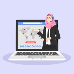 Flat vector cartoon illustration of a woman in a hijab in a headset. Online consultant. Video calling technology, a chatbot with artificial intelligence. 