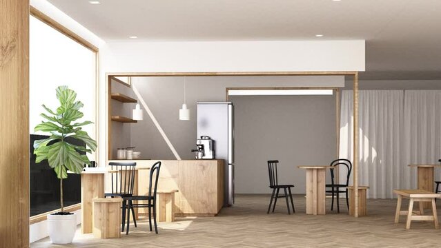 coffee shop in a minimalist style with wooden materials and gradually white tones. created by animation contains a counter Coffee machine, furniture and large windows. 3d render animation looped