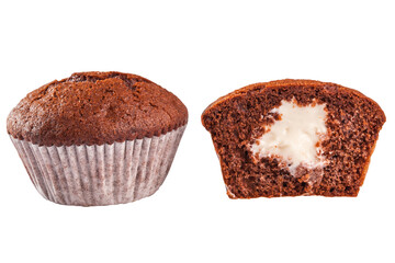 Chocolate muffin with cream filling isolated on white background