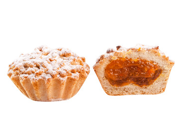 Shortcrust pastry baskets with apricot jam isolated on white background