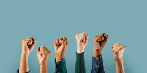 Social Activism and Movement. Group of People Raised Up Hands. Protest, Mob, Expression and Strike Concept - obrazy, fototapety, plakaty