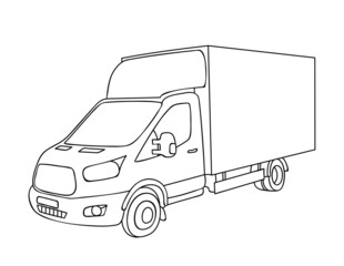 Modern truck. Delivery of goods by trucks. Cargo taxi. Courier cargo van. Business for express delivery of goods, food, parcels. Sketch, linear drawing. Vector illustration