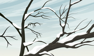Tree branches covered with snow against a cloudy winter sky. Realistic vector winter landscape